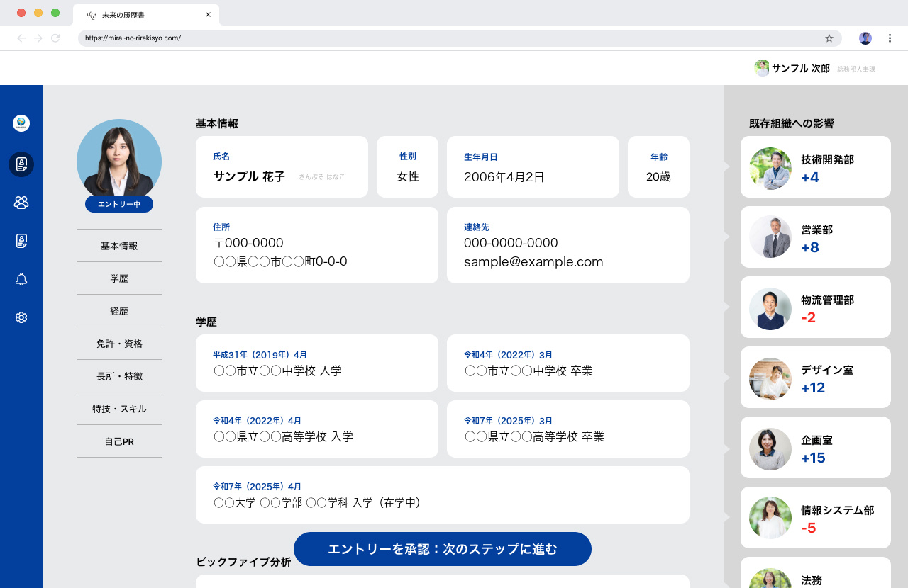 『未来の履歴書』の管理画面。企業が学生のプロフィールと評価を確認している画面